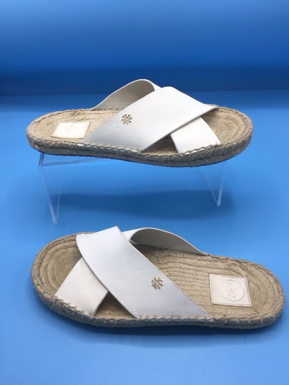 Tory Burch Bima Off White Leather Espadrille Slides Flats Women's Size US 8